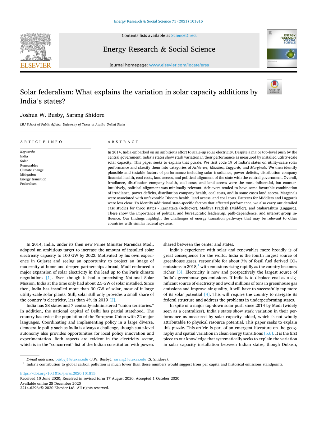 Solar Federalism: What Explains the Variation in Solar Capacity Additions by India’S States?