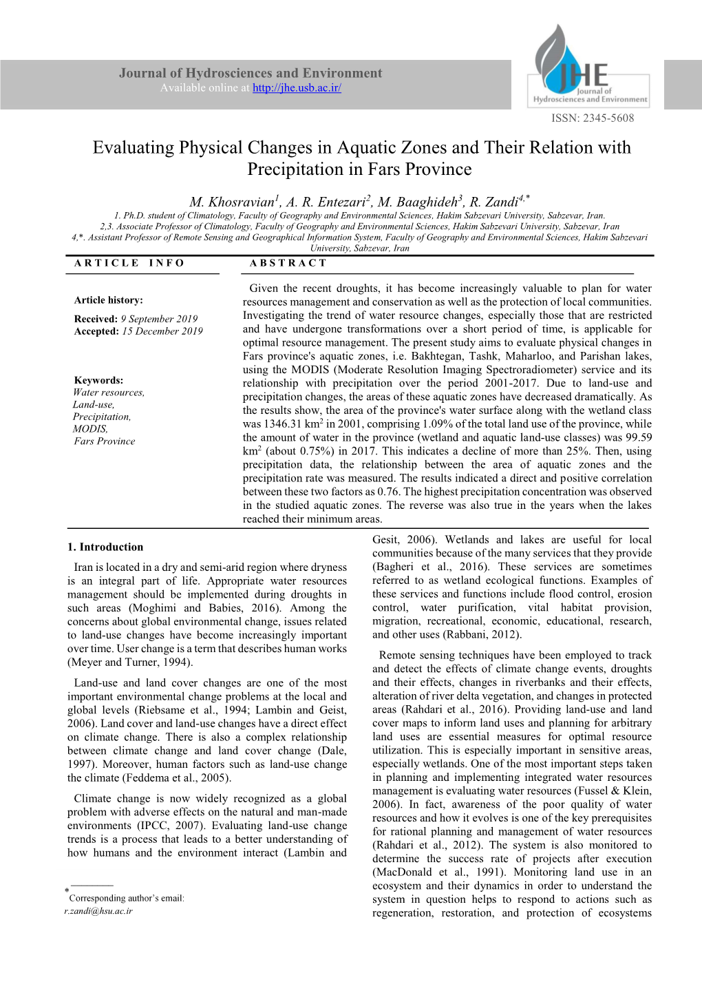 Evaluating Physical Changes in Aquatic Zones and Their Relation with Precipitation in Fars Province