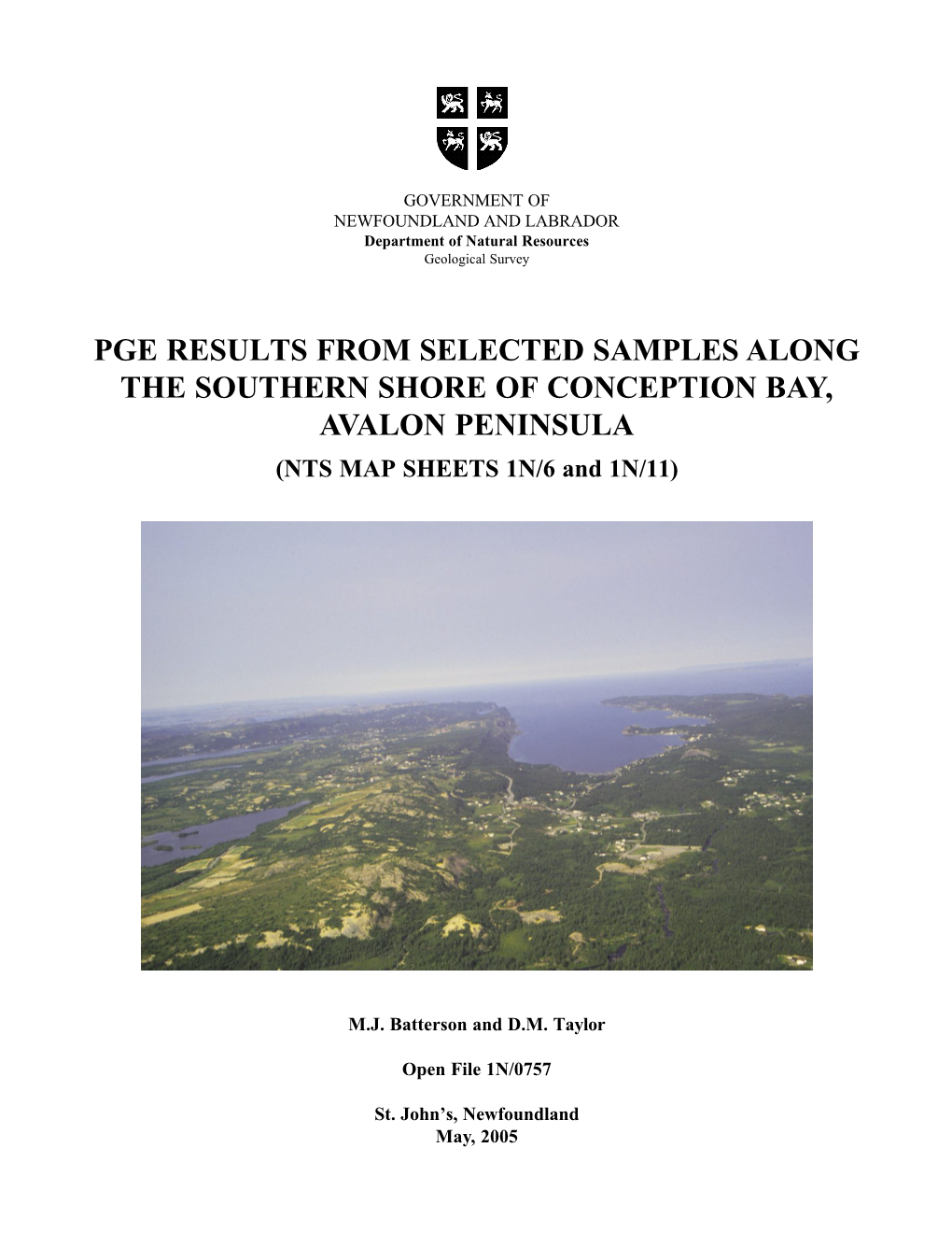 PGE RESULTS from SELECTED SAMPLES ALONG the SOUTHERN SHORE of CONCEPTION BAY, AVALON PENINSULA (NTS MAP SHEETS 1N/6 and 1N/11)