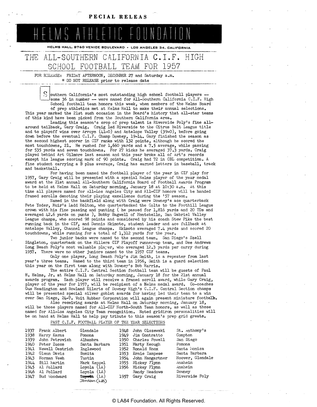 The All-Southern California Cif High School Football Team for 1957