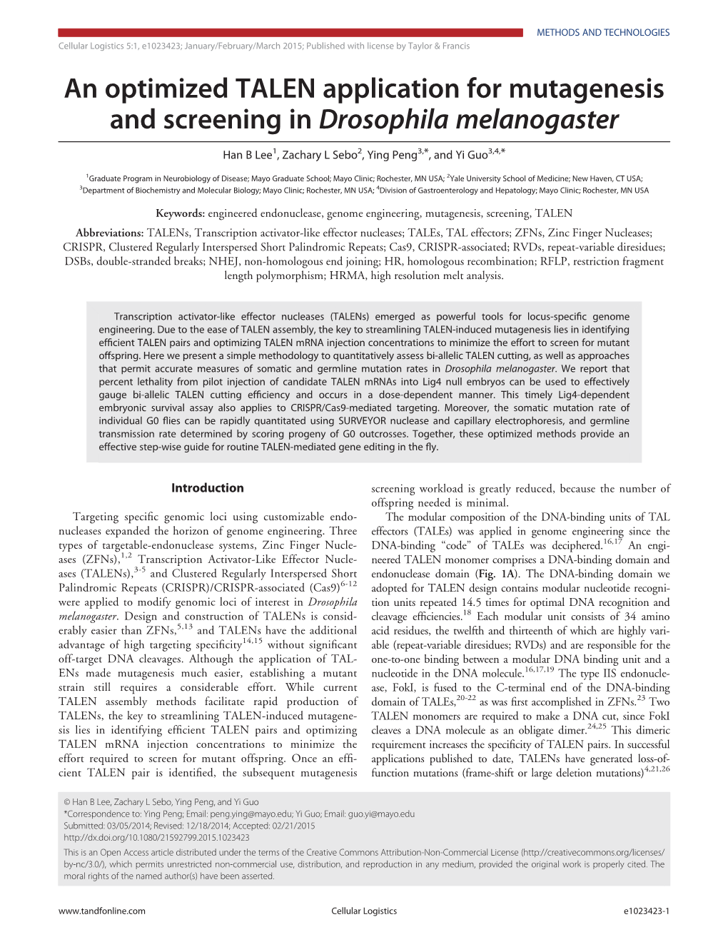 An Optimized TALEN Application for Mutagenesis and Screening in Drosophila Melanogaster