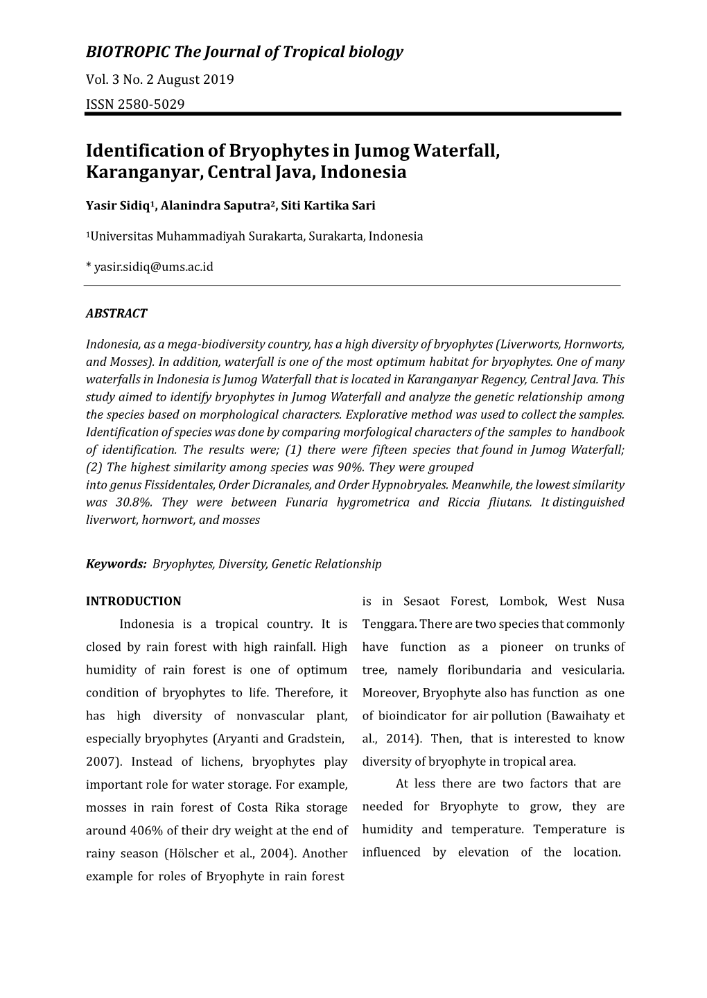 Identification of Bryophytes in Jumog Waterfall, Karanganyar, Central Java, Indonesia