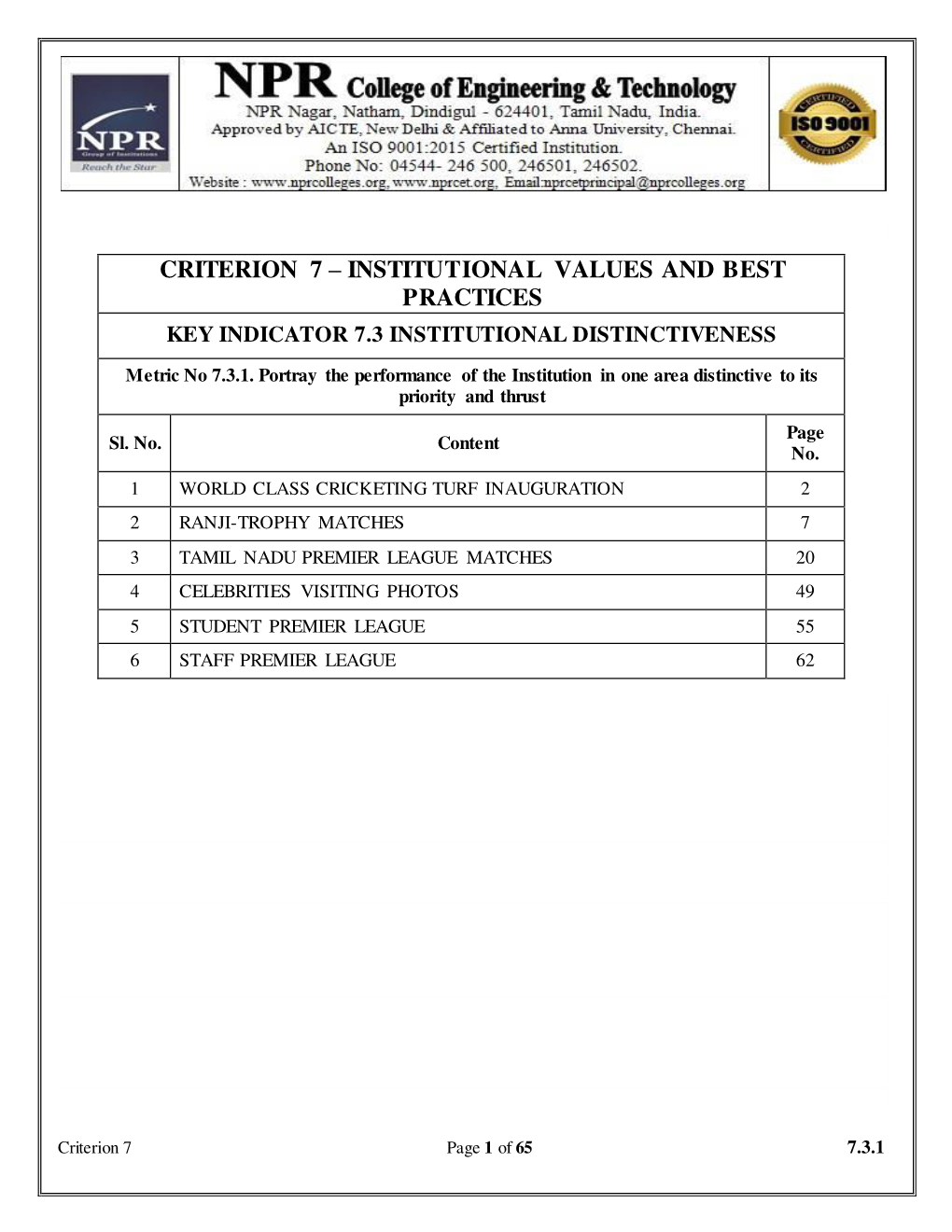 Criterion 7 – Institutional Values and Best Practices Key Indicator 7.3 Institutional Distinctiveness