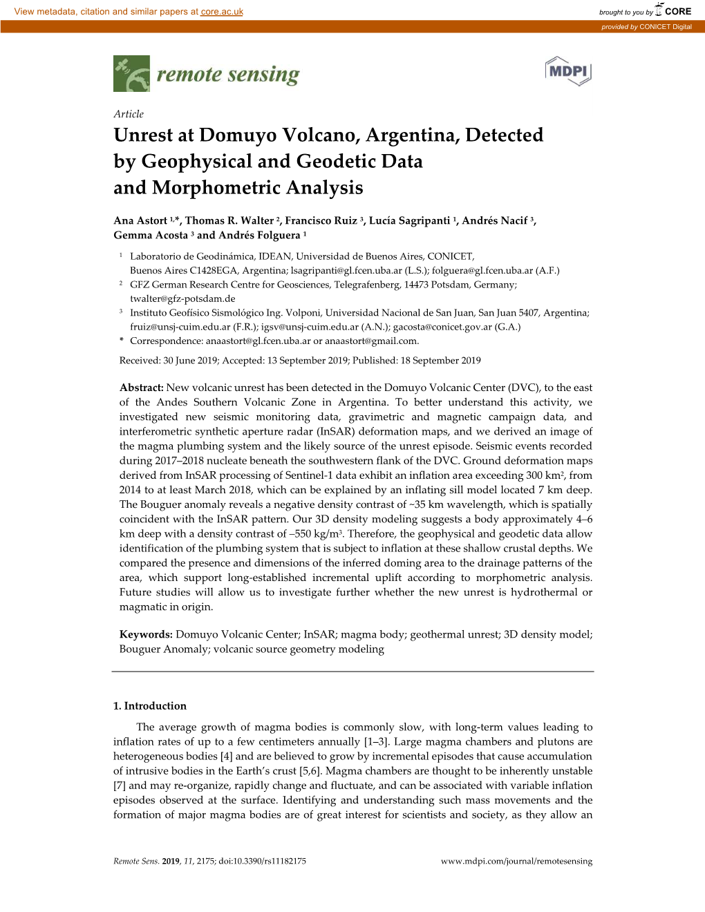 Unrest at Domuyo Volcano, Argentina, Detected by Geophysical and Geodetic Data and Morphometric Analysis