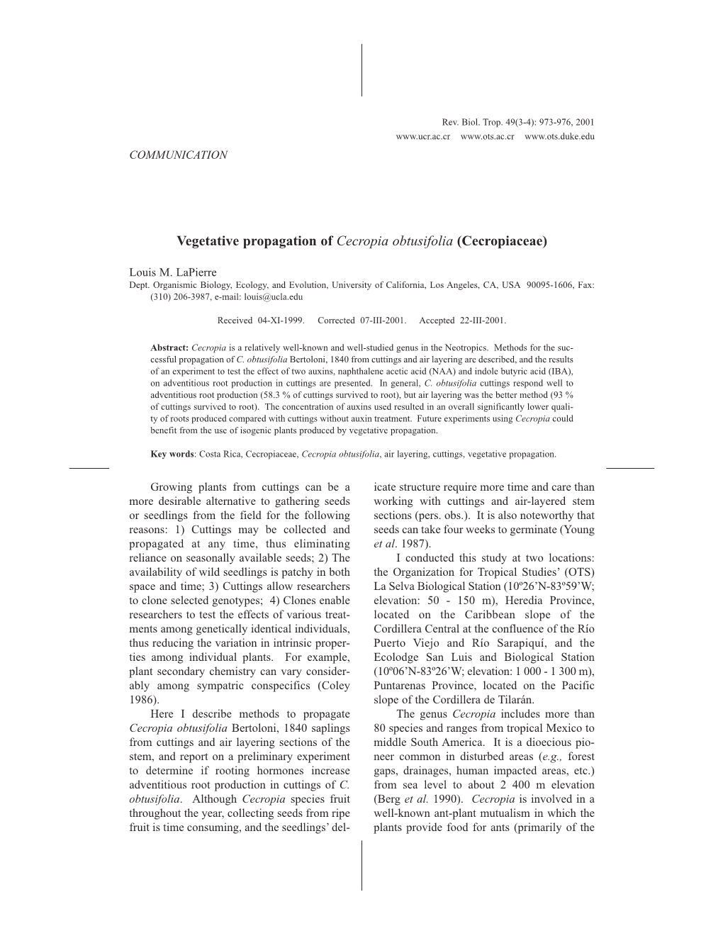 Vegetative Propagation of Cecropia Obtusifolia (Cecropiaceae)