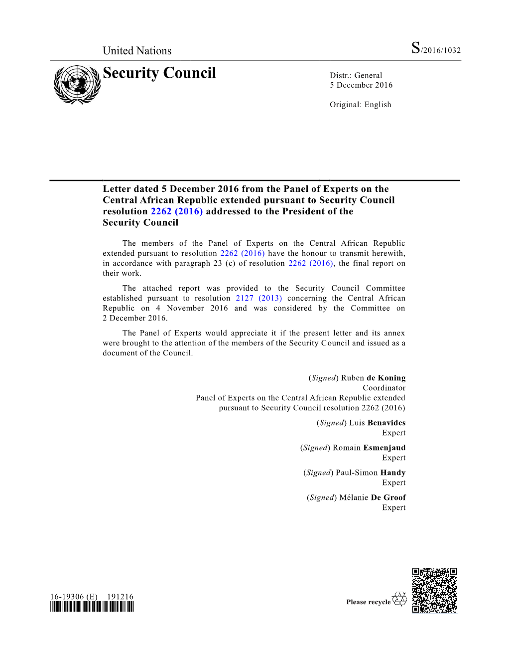 Final Report of the Panel of Experts on the Central African Republic Extended Pursuant to Security Council Resolution 2262 (2016)