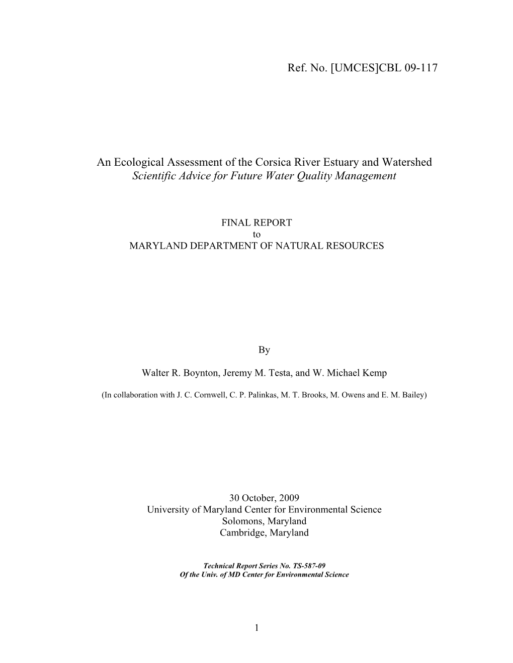 An Ecological Assessment of the Corsica River Estuary and Watershed Scientific Advice for Future Water Quality Management