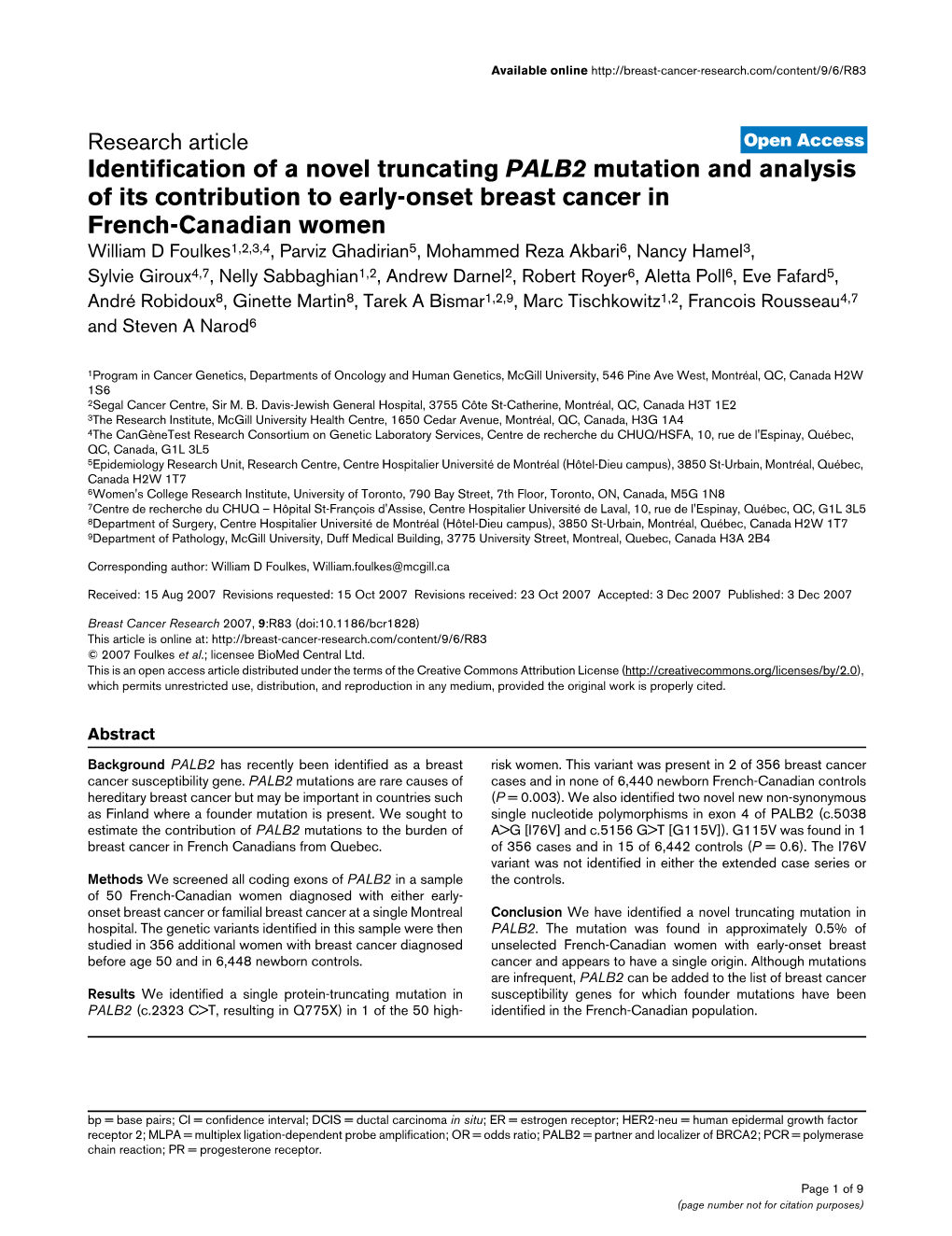 Identification of a Novel Truncating PALB2 Mutation and Analysis of Its