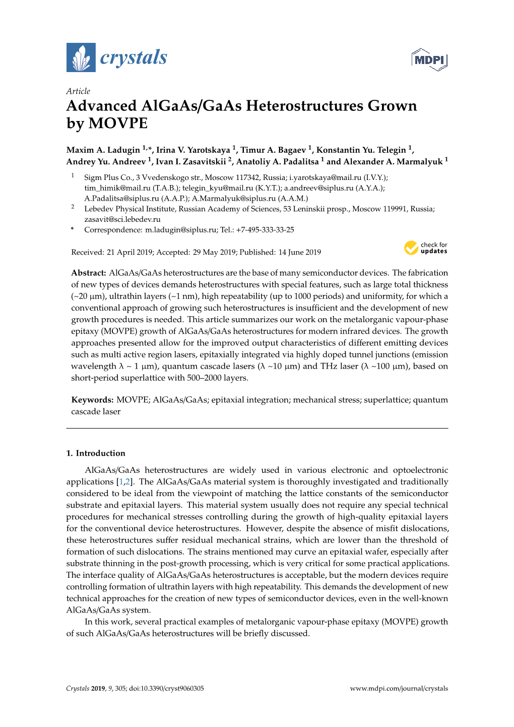 Advanced Algaas/Gaas Heterostructures Grown by MOVPE