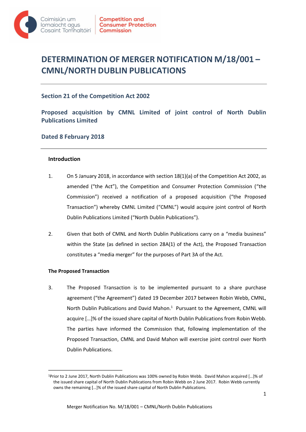 M-18-001 CMNL North Dublin Publications Public Determination