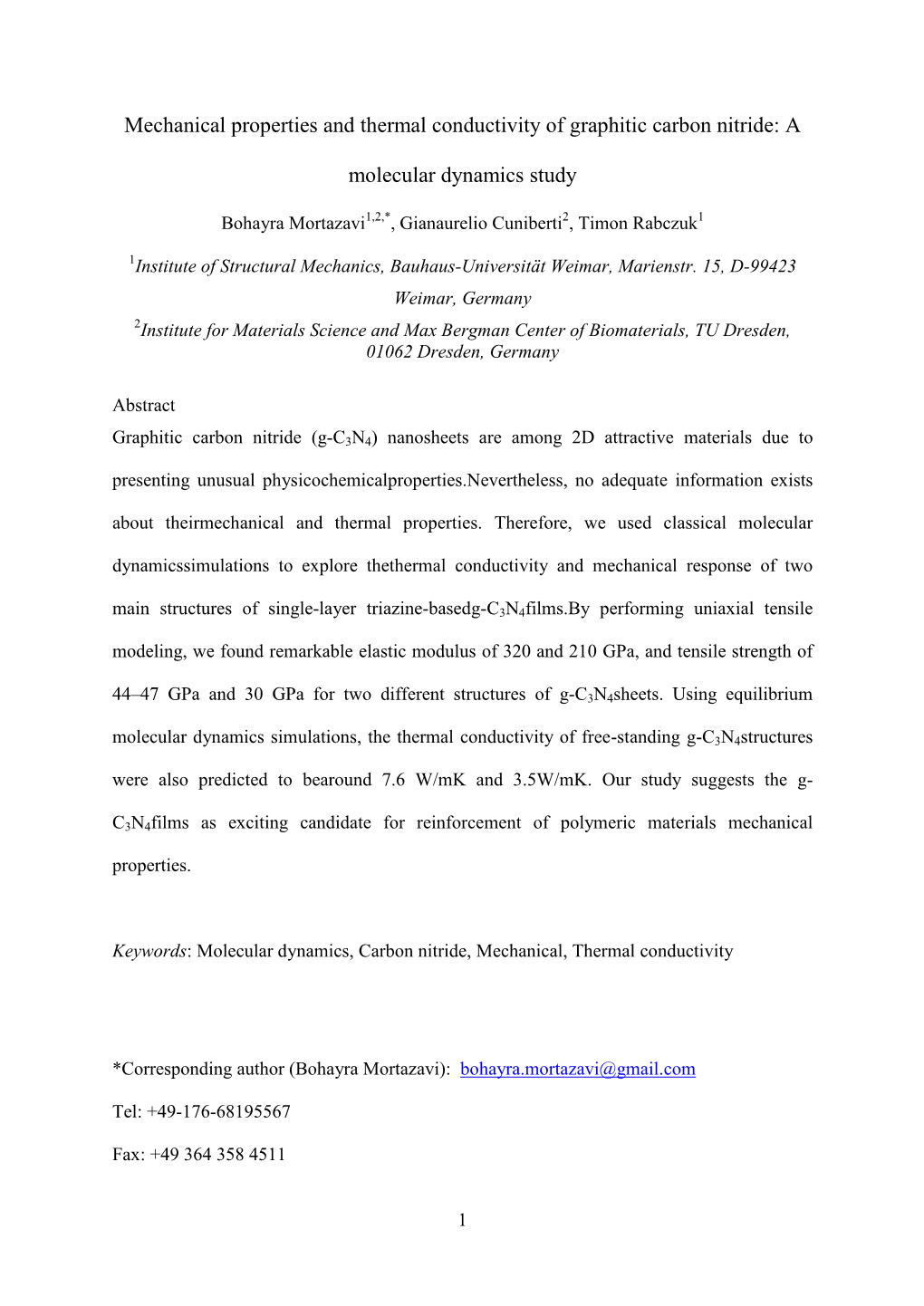 Mechanical Properties and Thermal Conductivity of Graphitic Carbon Nitride: A