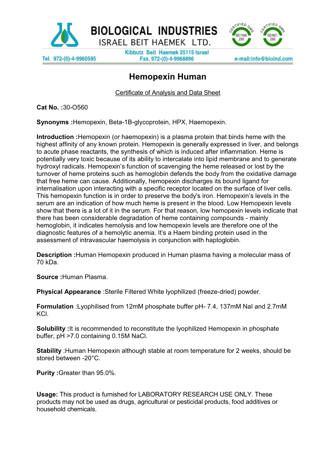 Hemopexin Human