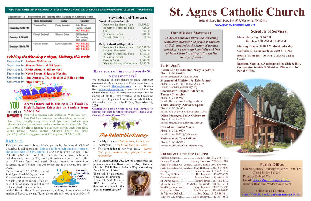 St. Agnes Catholic Church Stewardship of Treasure: Week of September 06 1008 Mclary Rd., P.O