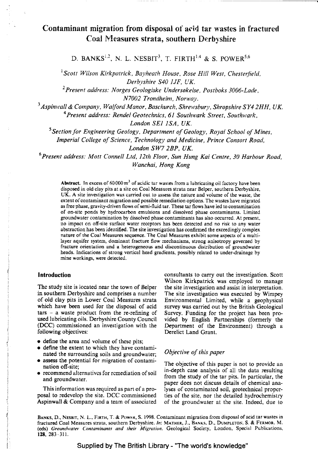 Contaminant Rnigration from Disposal of Acid Tar N'astes in Fractured Coal