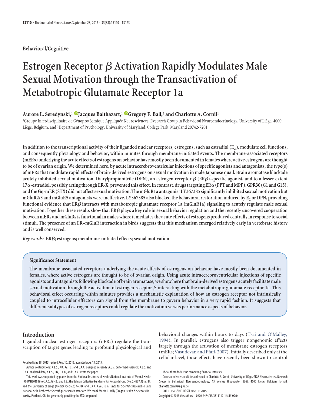 Estrogen Receptor Activation Rapidly Modulates Male Sexual Motivation Through the Transactivation of Metabotropic Glutamate Rece