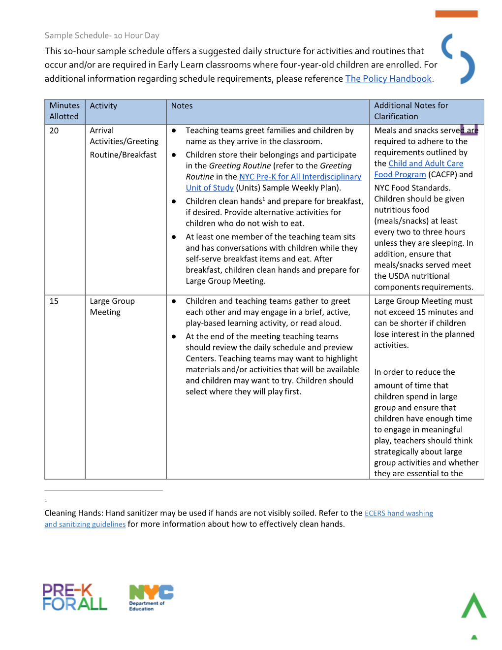 Sample Schedule 10 Hour Day Pre-K