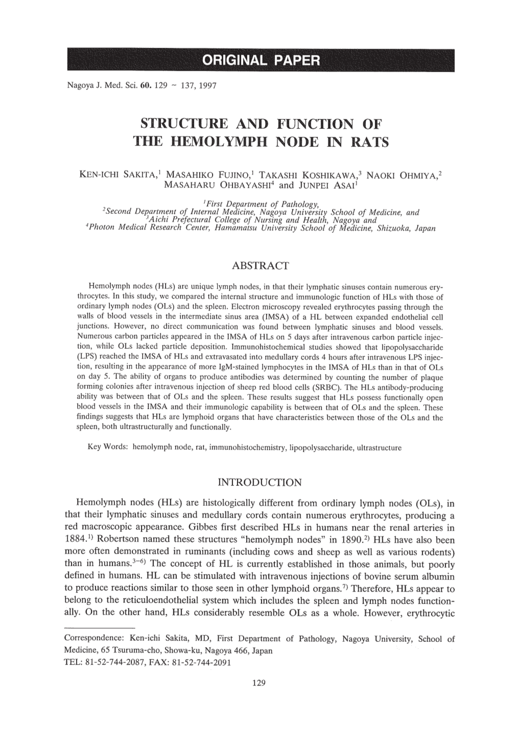 Structure and Function of the Hemolymph Node in Rats