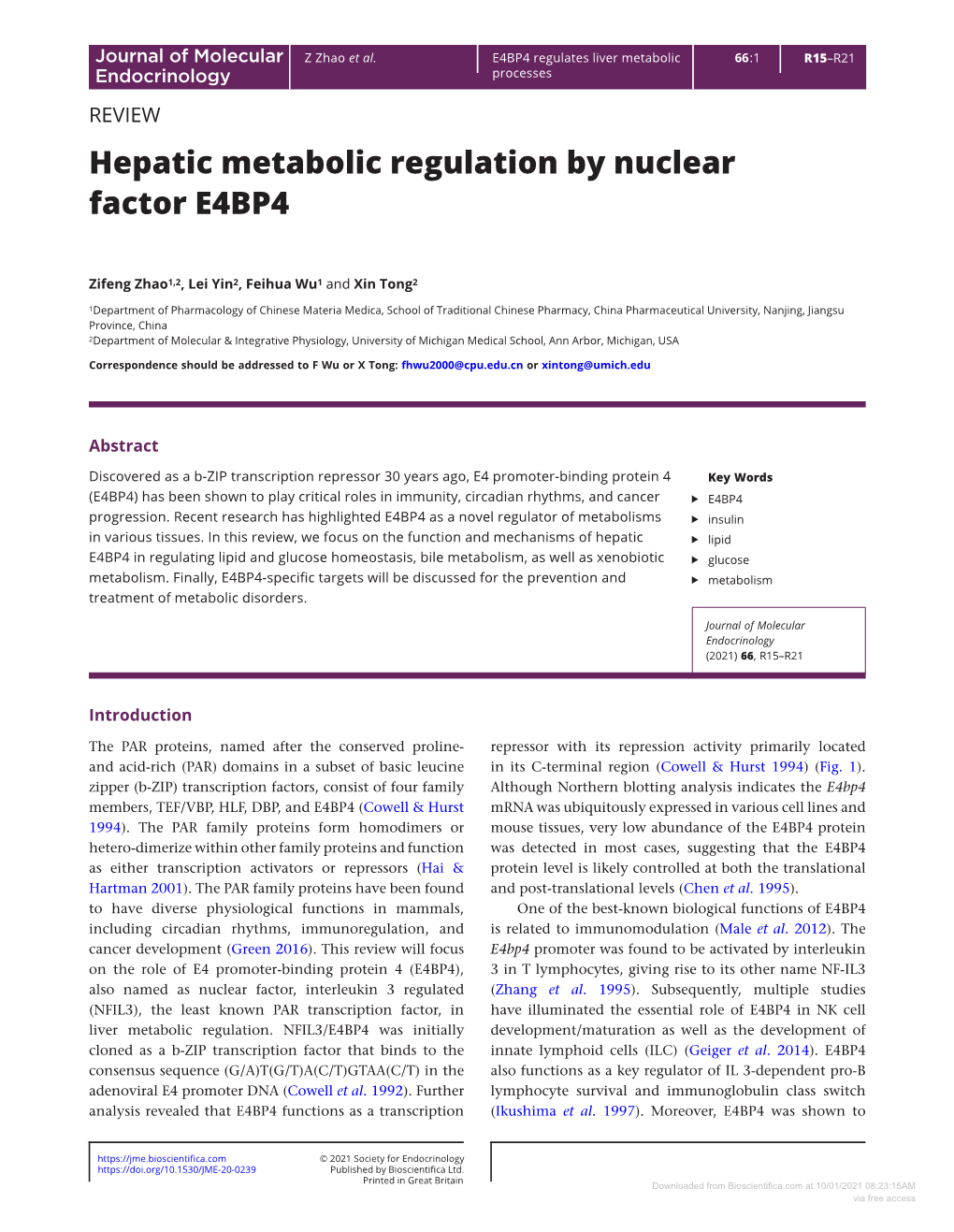 Hepatic Metabolic Regulation by Nuclear Factor E4BP4