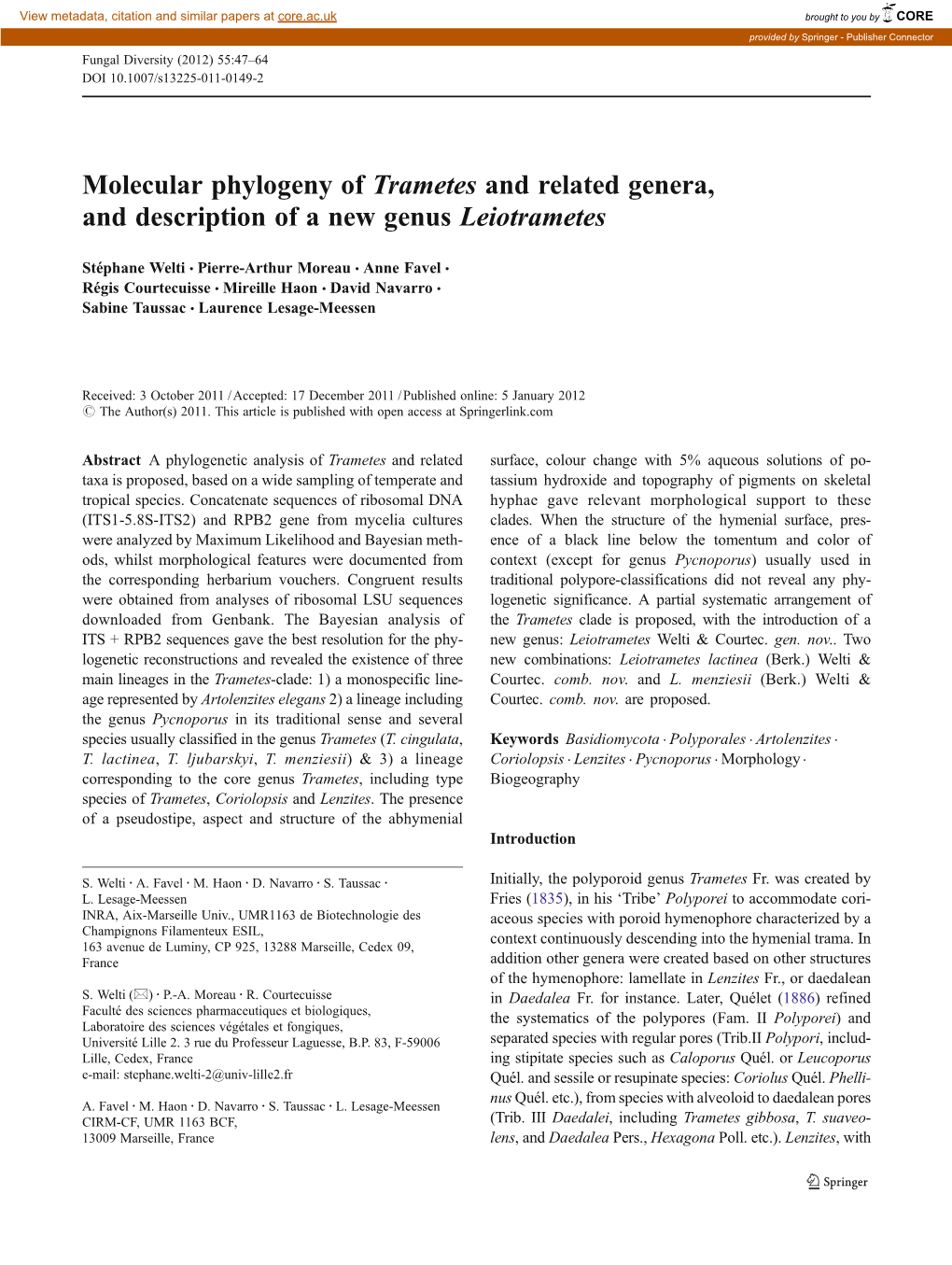 Molecular Phylogeny of Trametes and Related Genera, and Description of a New Genus Leiotrametes