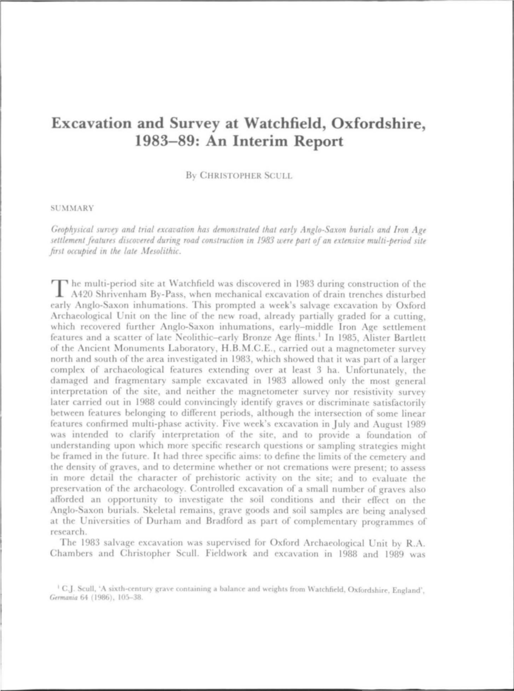 Excavation and Survey at Watchfield, Oxfordshire, 1983-89: an Interim Report