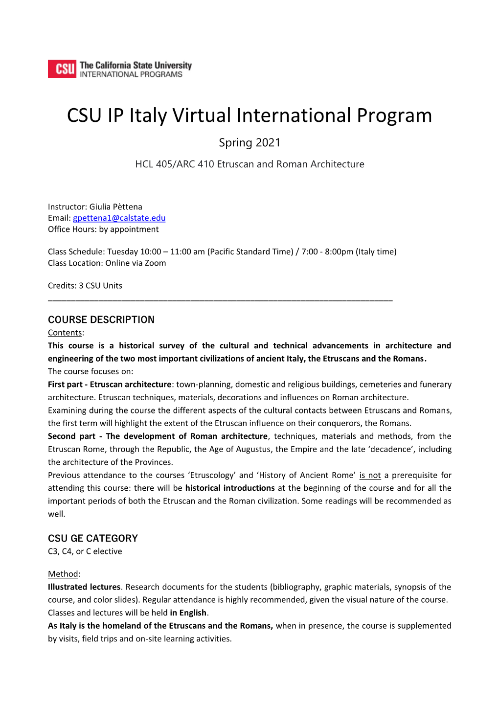 CSU IP Italy Virtual International Program Spring 2021