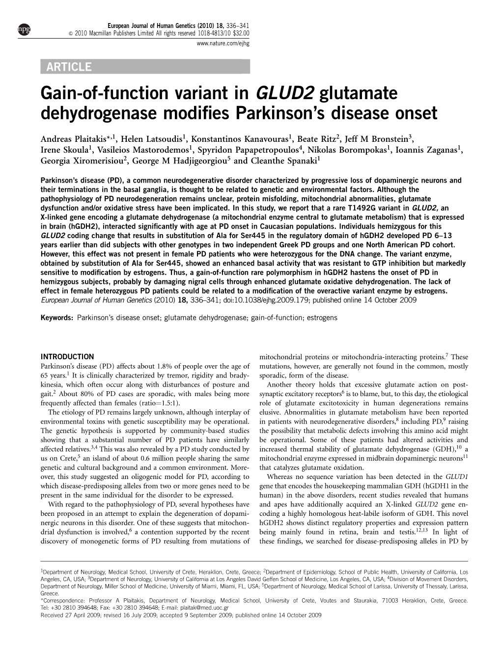 Gain-Of-Function Variant in GLUD2 Glutamate Dehydrogenase Modiﬁes Parkinson’S Disease Onset