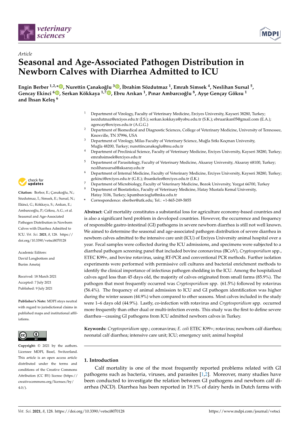 Seasonal and Age-Associated Pathogen Distribution in Newborn Calves with Diarrhea Admitted to ICU