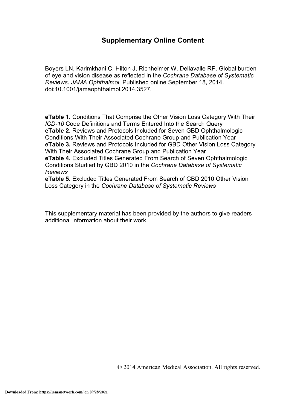 Global Burden of Eye and Vision Disease As Reflected in the Cochrane Database of Systematic Reviews