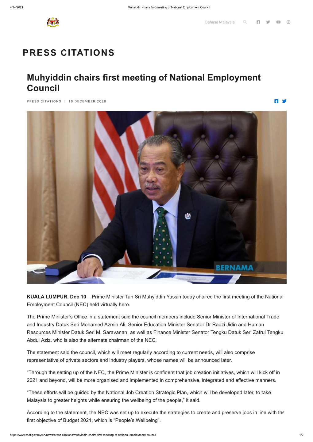 PRESS CITATIONS Muhyiddin Chairs First Meeting of National