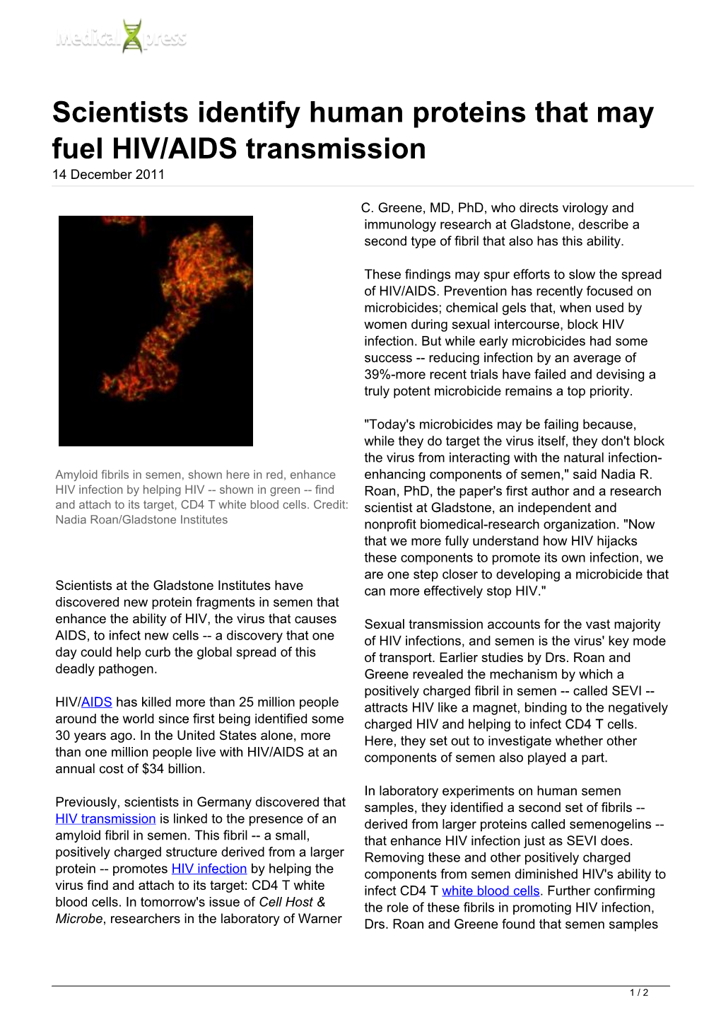 Scientists Identify Human Proteins That May Fuel HIV/AIDS Transmission 14 December 2011