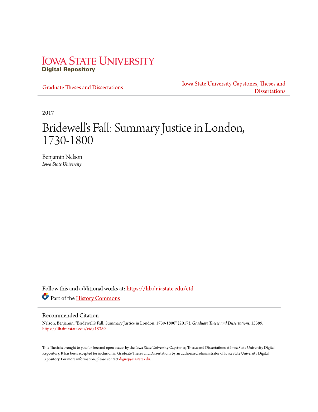 Bridewell's Fall: Summary Justice in London, 1730-1800