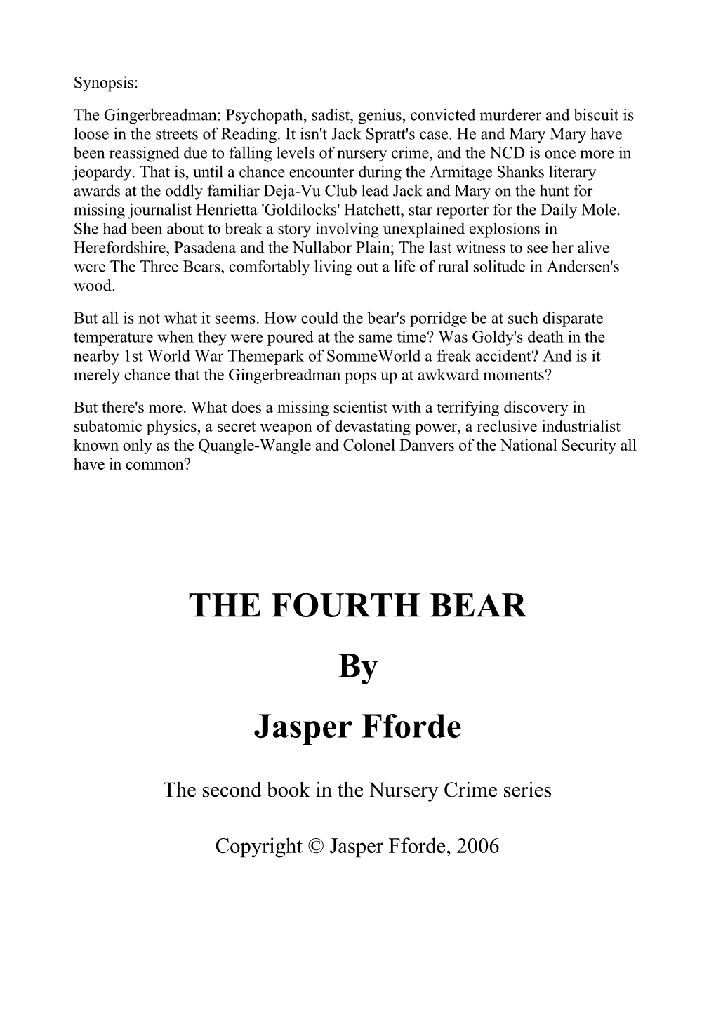 THE FOURTH BEAR by Jasper Fforde