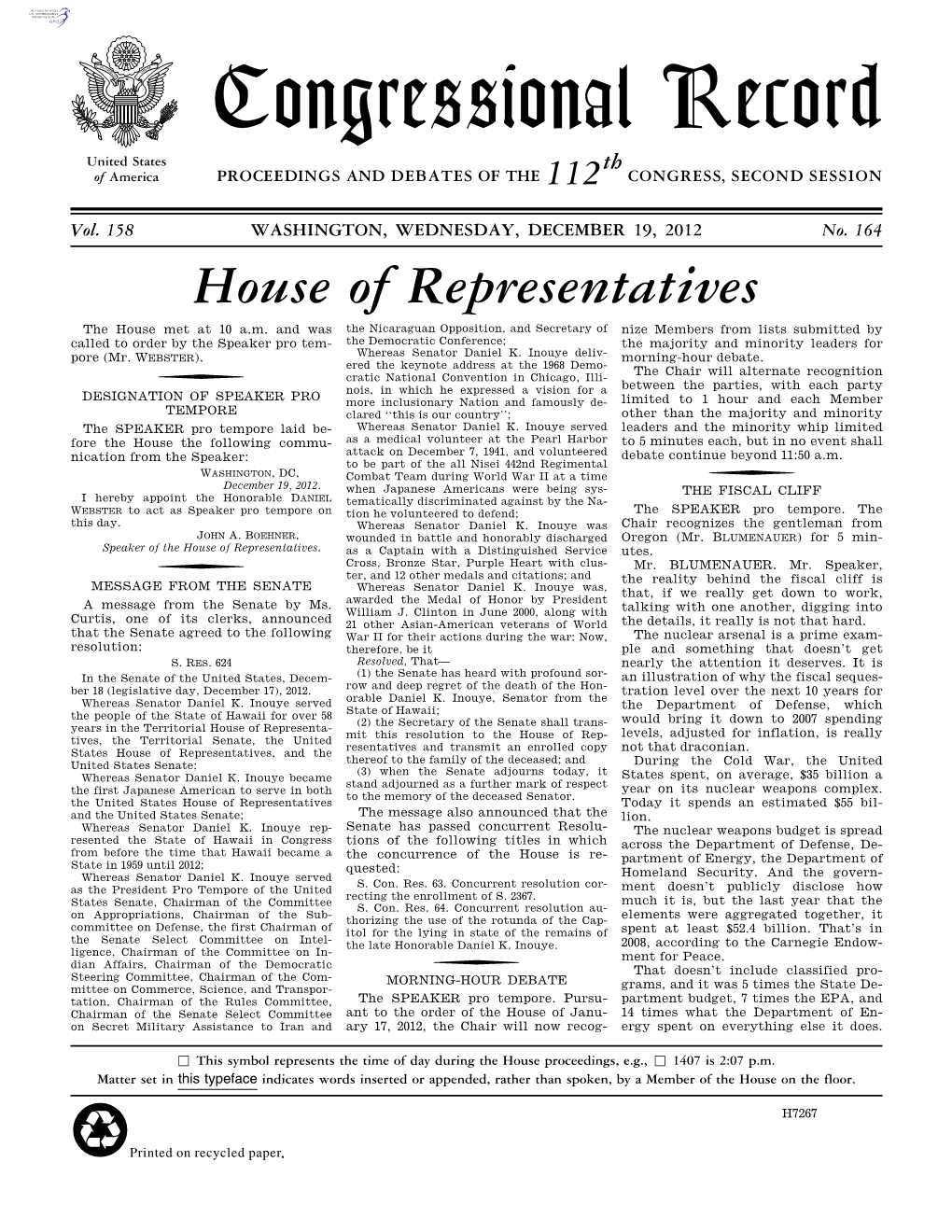 Congressional Record United States Th of America PROCEEDINGS and DEBATES of the 112 CONGRESS, SECOND SESSION