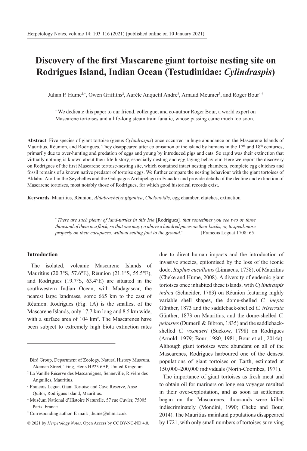 Discovery of the First Mascarene Giant Tortoise Nesting Site on Rodrigues Island, Indian Ocean (Testudinidae: Cylindraspis)