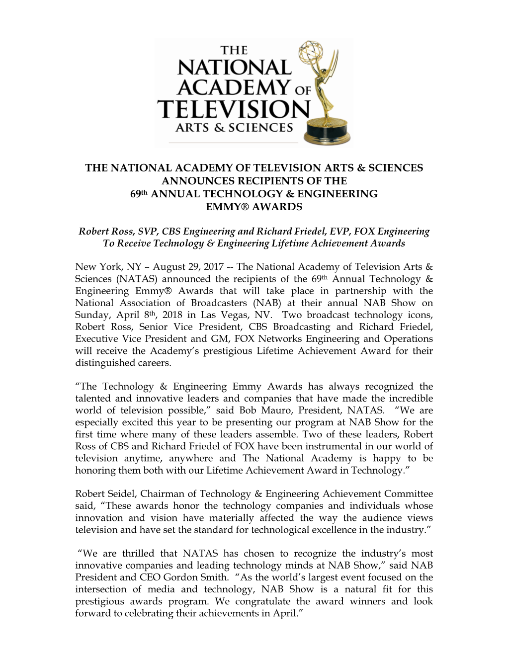 THE NATIONAL ACADEMY of TELEVISION ARTS & SCIENCES ANNOUNCES RECIPIENTS of the 69Th ANNUAL TECHNOLOGY & ENGINEERING EMMY® AWARDS