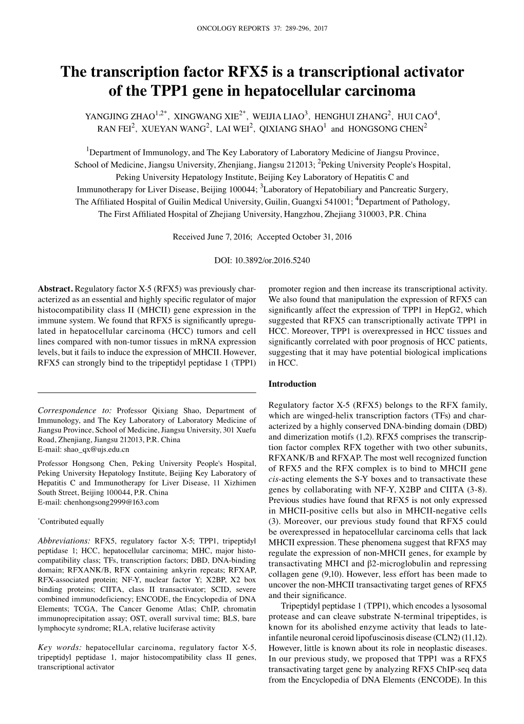 The Transcription Factor RFX5 Is a Transcriptional Activator of the TPP1 Gene in Hepatocellular Carcinoma