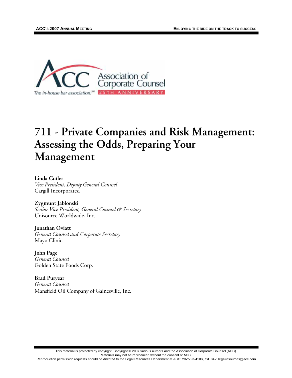 Private Companies and Risk Management: Assessing the Odds, Preparing Your Management