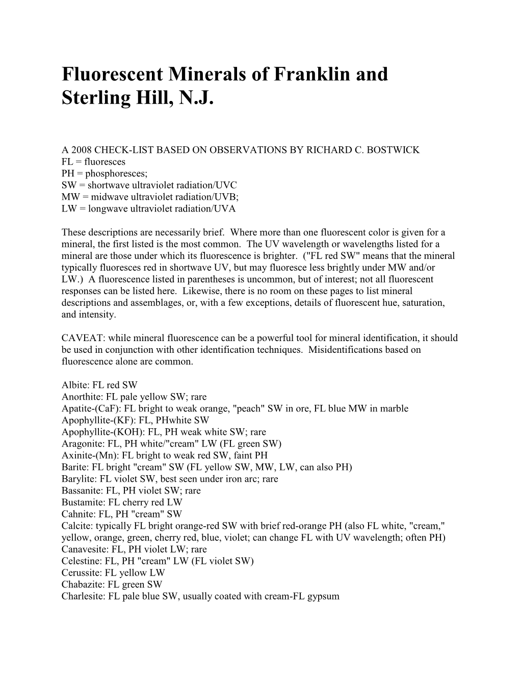 Fluorescent Minerals of Franklin and Sterling Hill, N.J