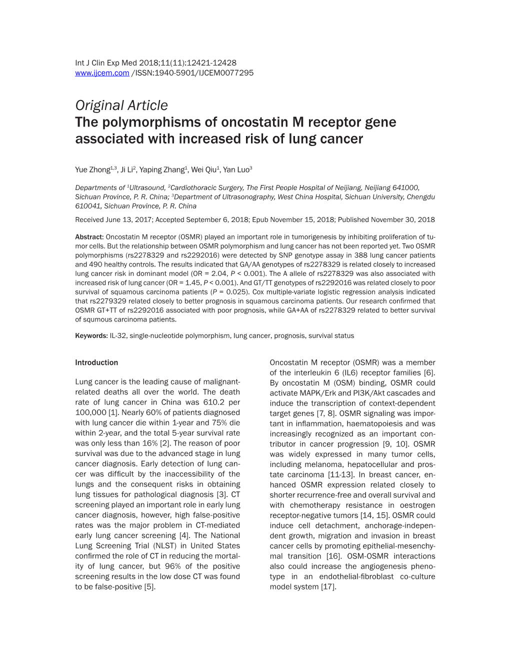 Original Article the Polymorphisms of Oncostatin M Receptor Gene Associated with Increased Risk of Lung Cancer