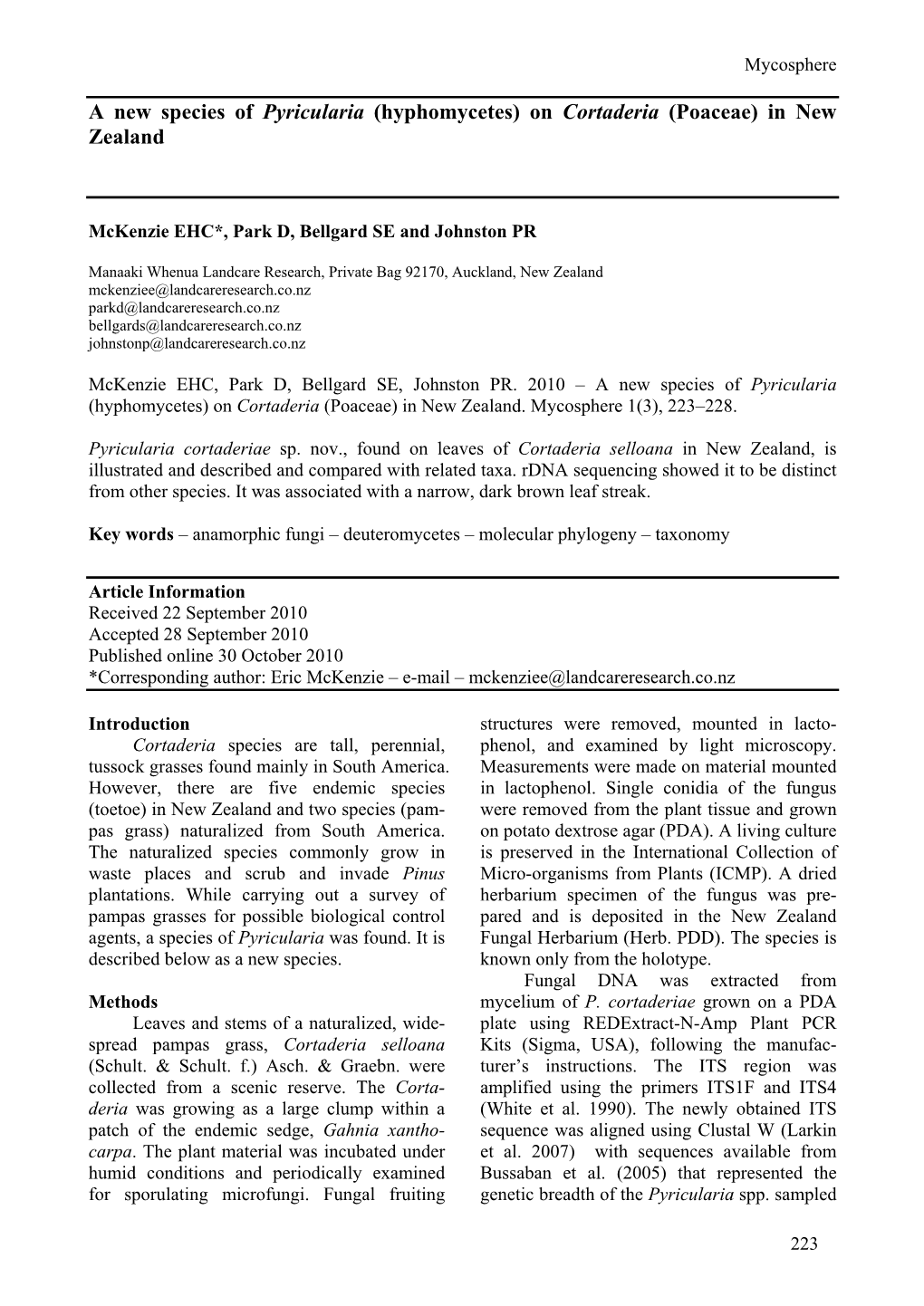 A New Species of Pyricularia (Hyphomycetes) on Cortaderia (Poaceae) in New Zealand