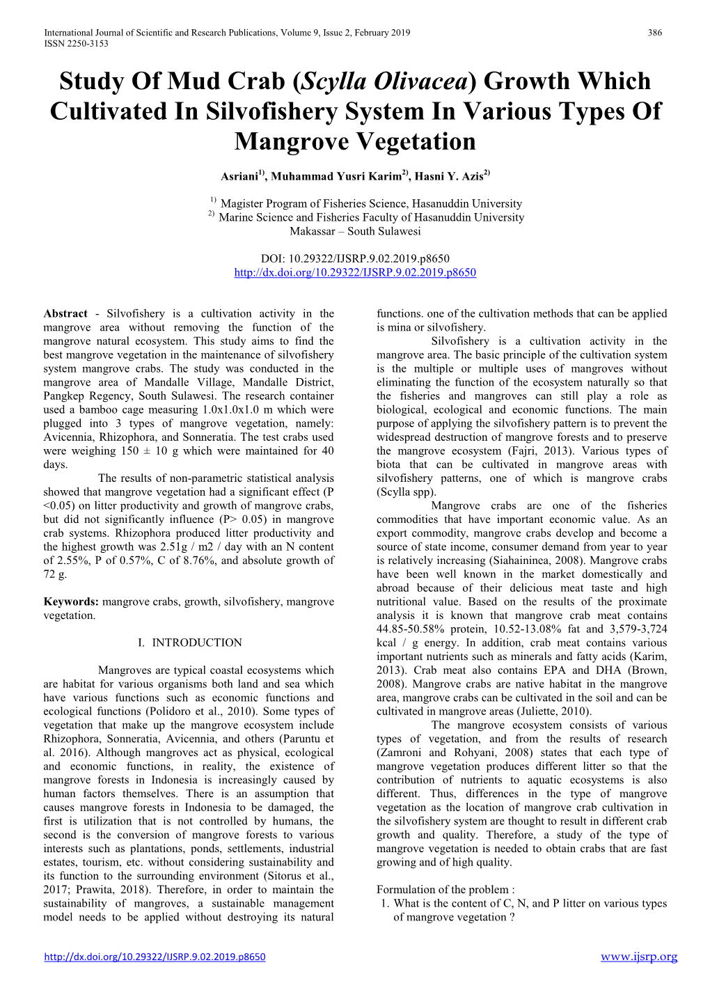 Study of Mud Crab (Scylla Olivacea) Growth Which Cultivated in Silvofishery System in Various Types of Mangrove Vegetation