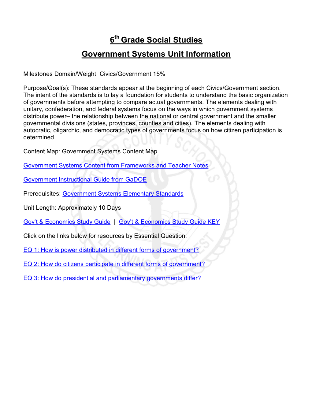 6 Grade Social Studies Government Systems Unit Information