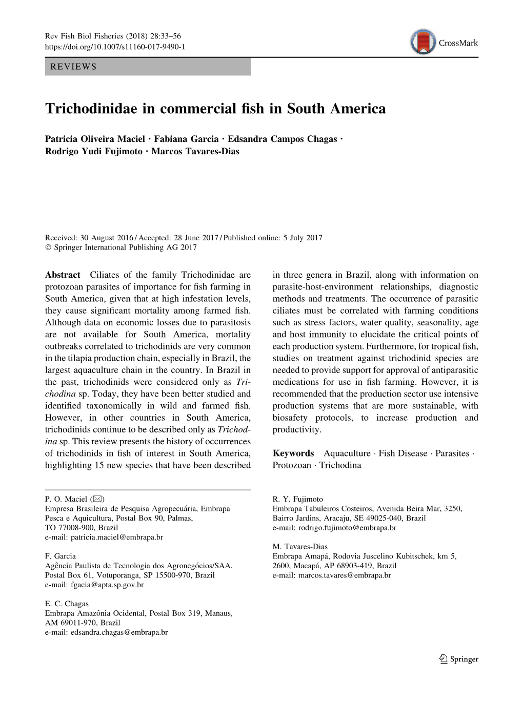 Trichodinidae in Commercial Fish in South America