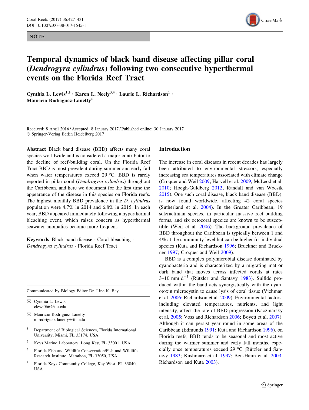 Temporal Dynamics of Black Band Disease Affecting Pillar Coral (Dendrogyra Cylindrus) Following Two Consecutive Hyperthermal Events on the Florida Reef Tract