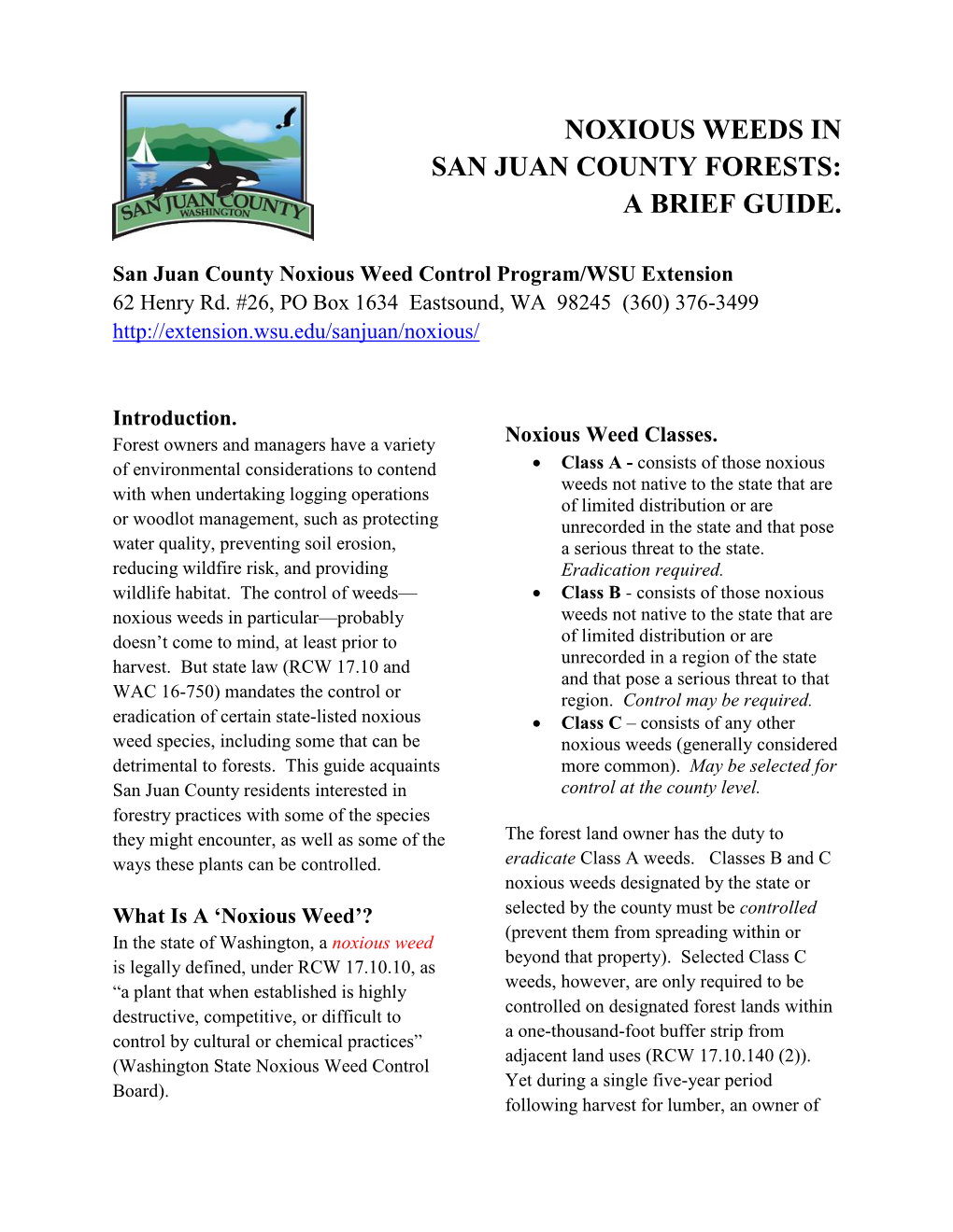 Noxious Weeds in San Juan County Forests: a Brief Guide