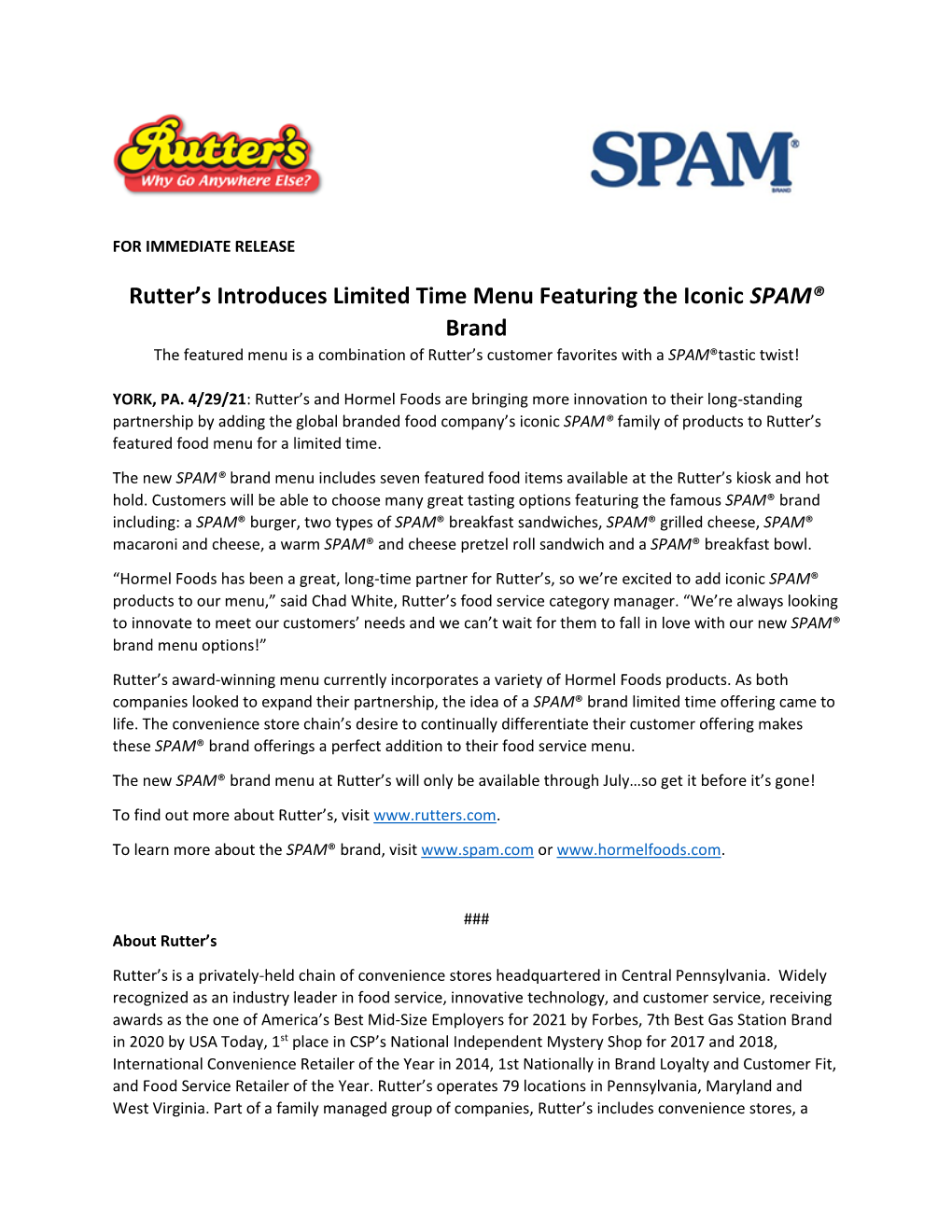 Rutter's Introduces Limited Time Menu Featuring the Iconic SPAM® Brand