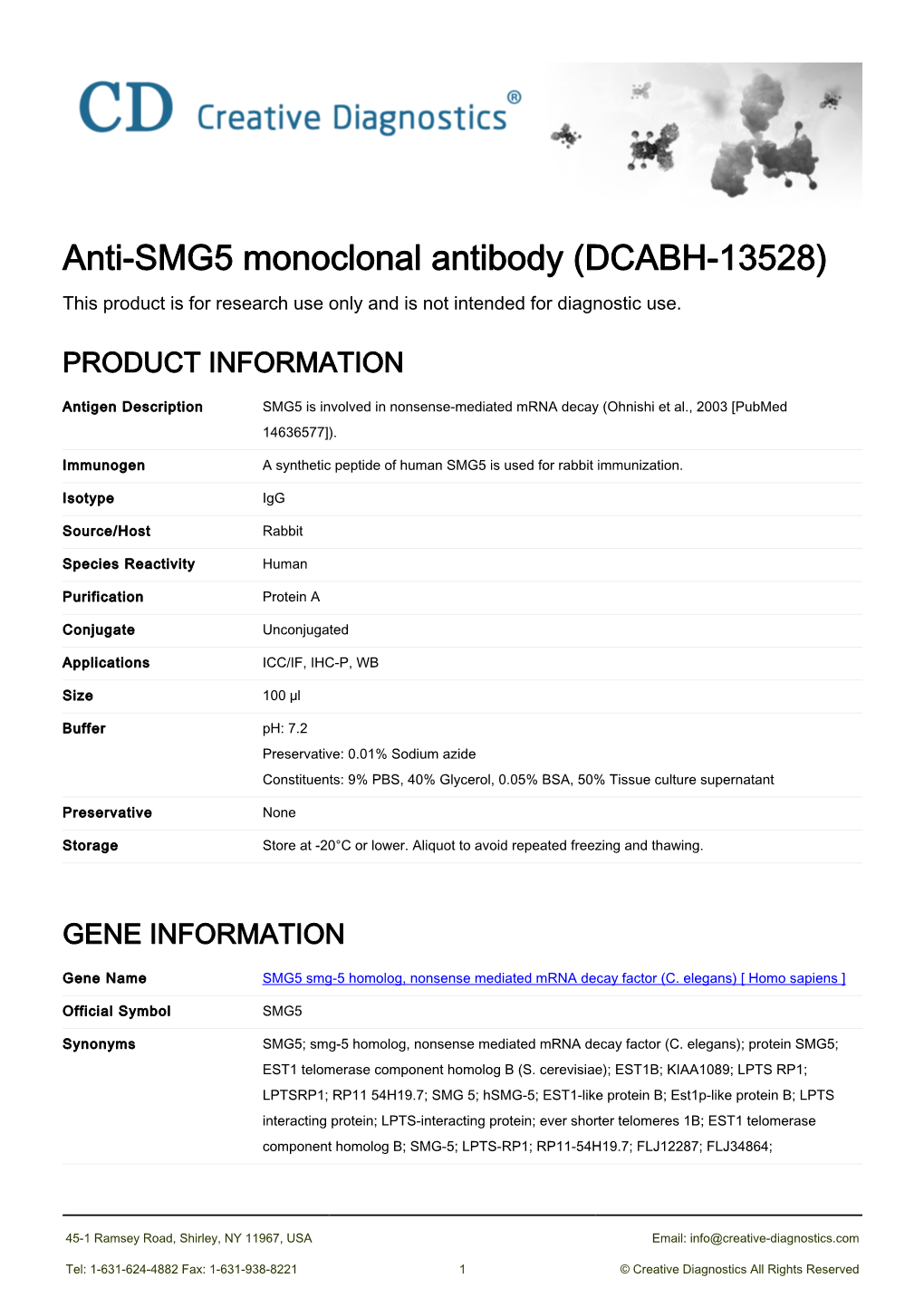 Anti-SMG5 Monoclonal Antibody (DCABH-13528) This Product Is for Research Use Only and Is Not Intended for Diagnostic Use