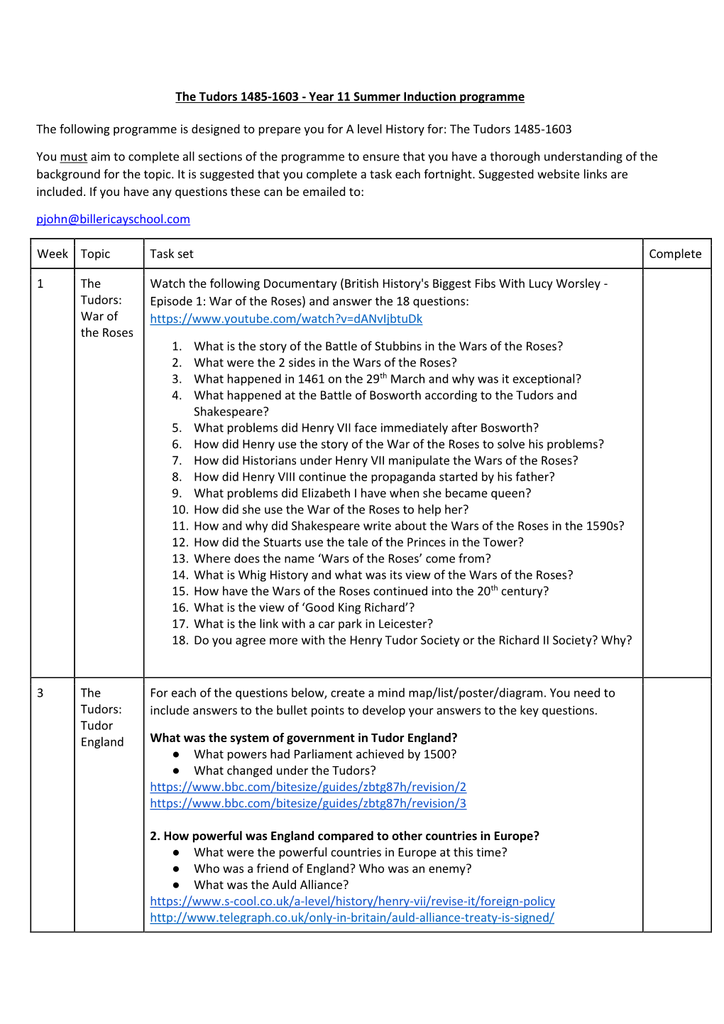 The Tudors 1485-1603 - Year 11 Summer Induction Programme