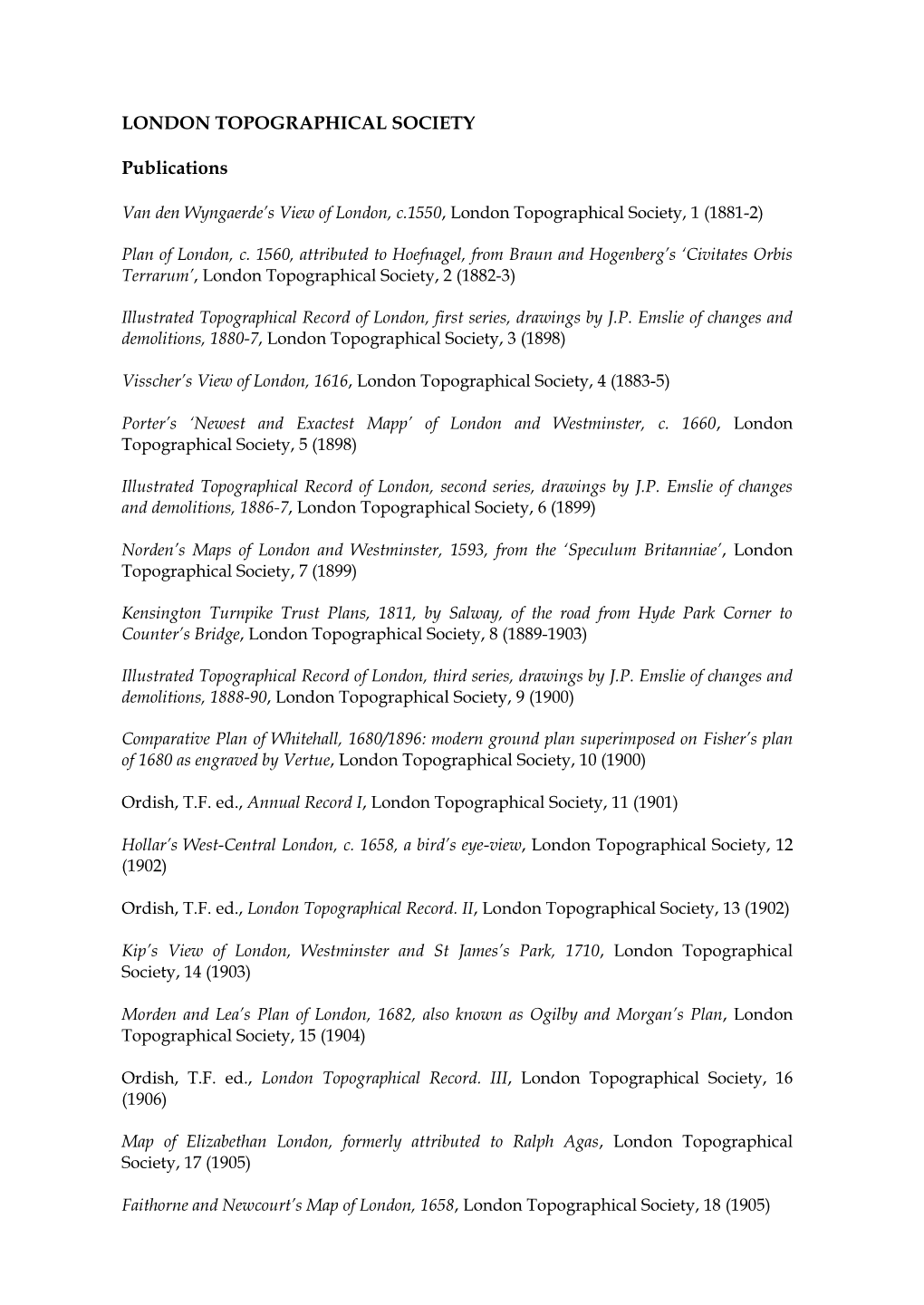 London Topographical Society Publications