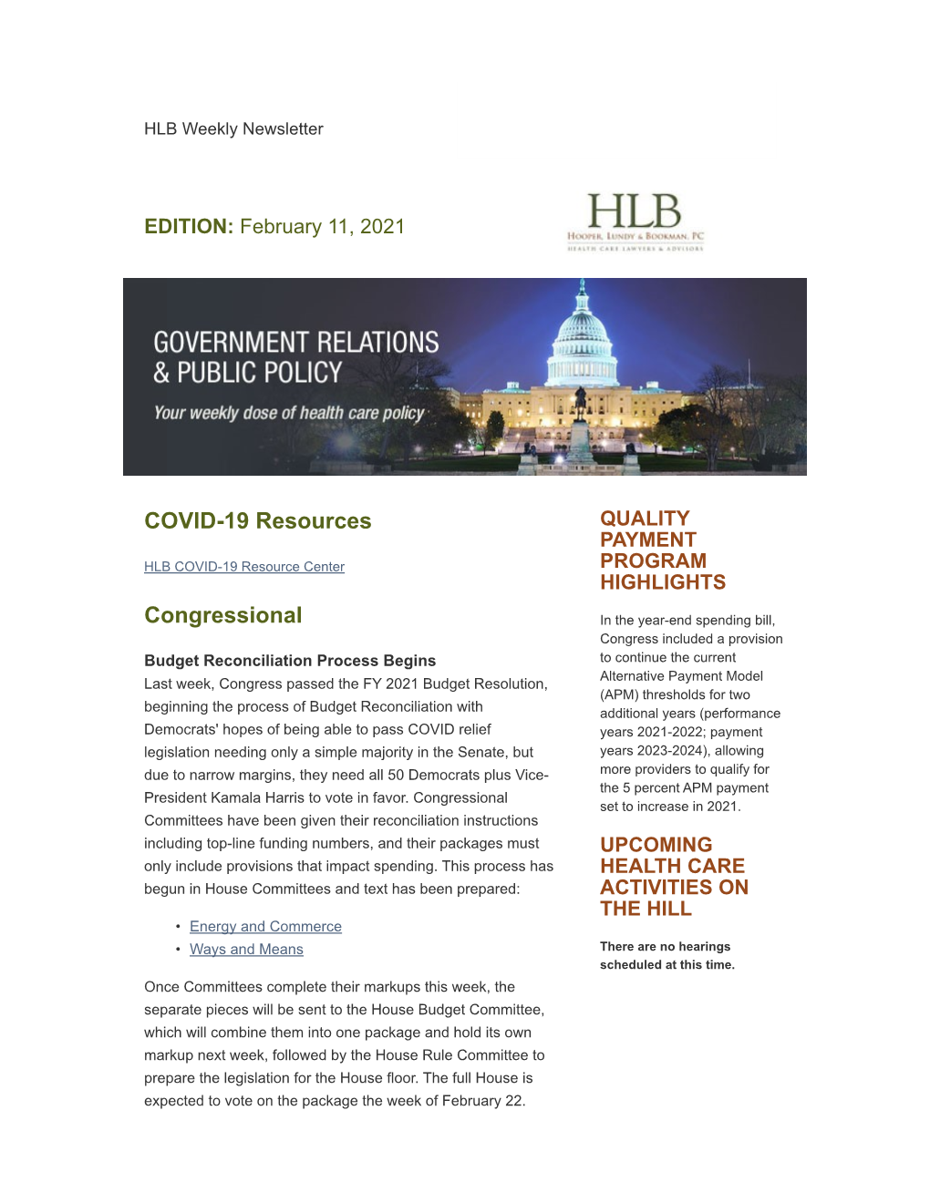 HLB Weekly Health Policy Update February 11, 2021